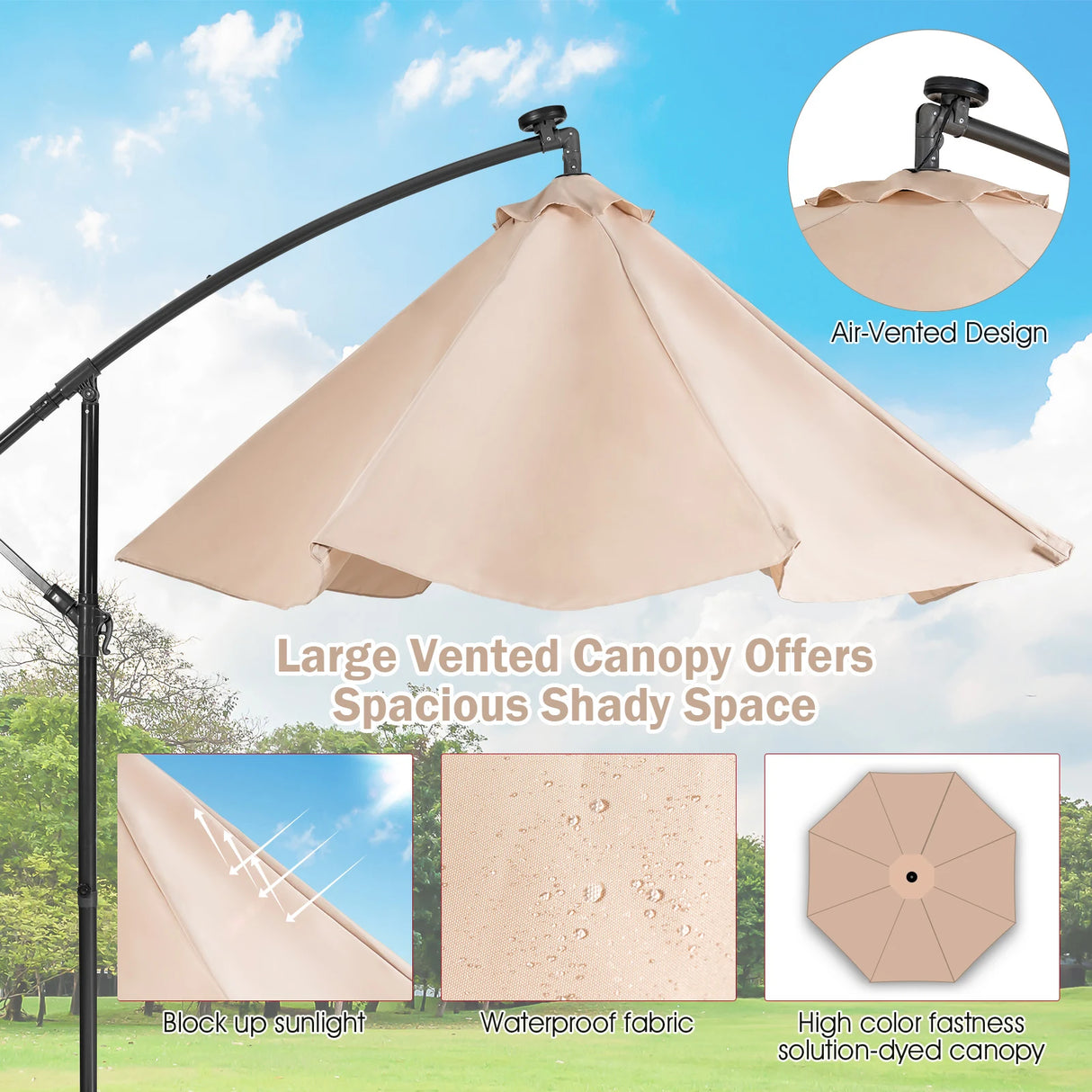 10 Feet Patio Solar Powered Cantilever Umbrella with Tilting System-Beige