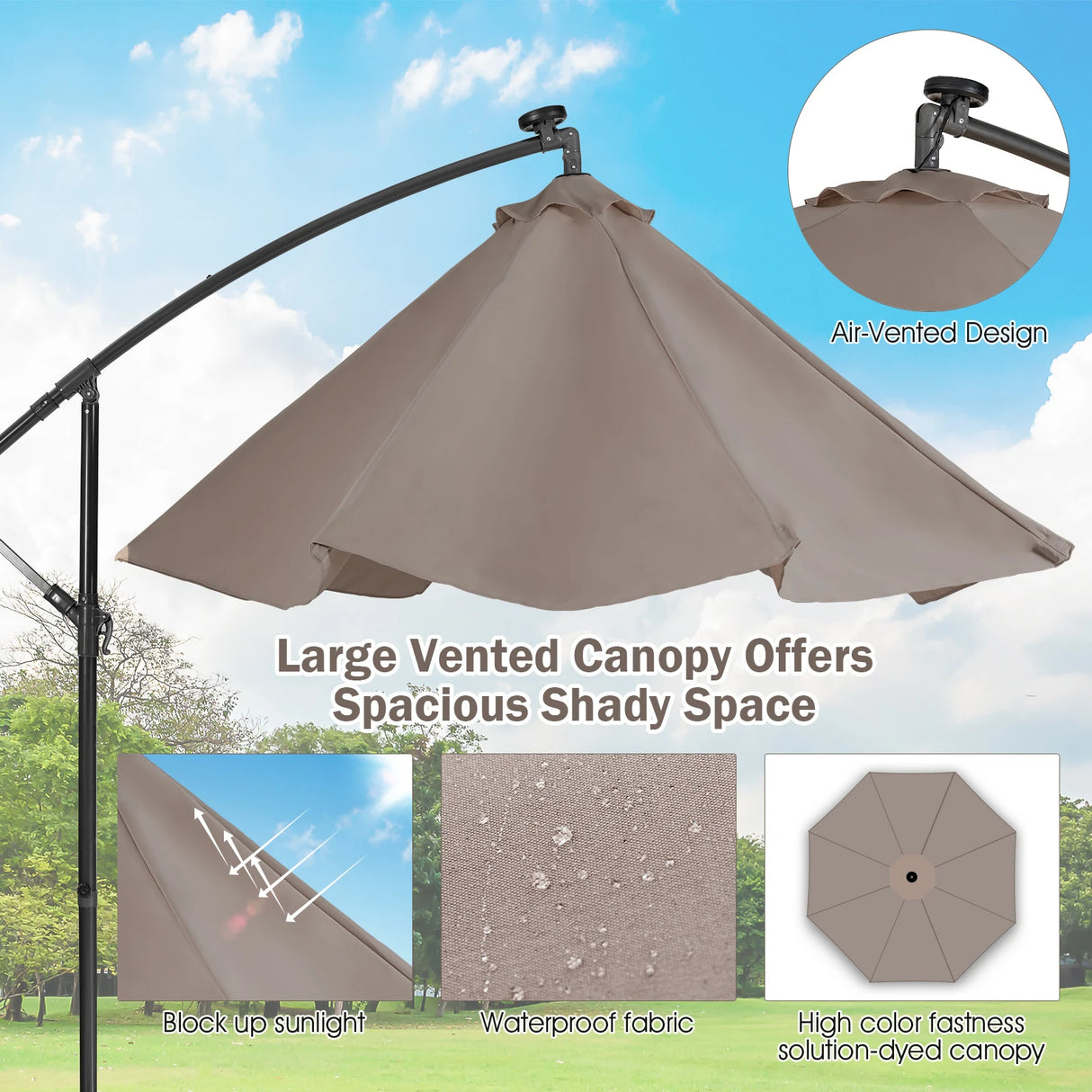 10 Feet Patio Solar Powered Cantilever Umbrella with Tilting System-Coffee