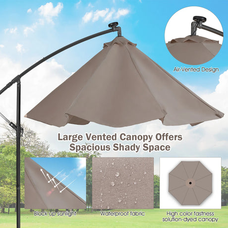 10 Feet Patio Solar Powered Cantilever Umbrella with Tilting System-Coffee