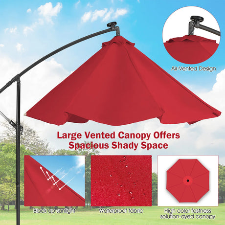 10 Feet Patio Solar Powered Cantilever Umbrella with Tilting System-Wine