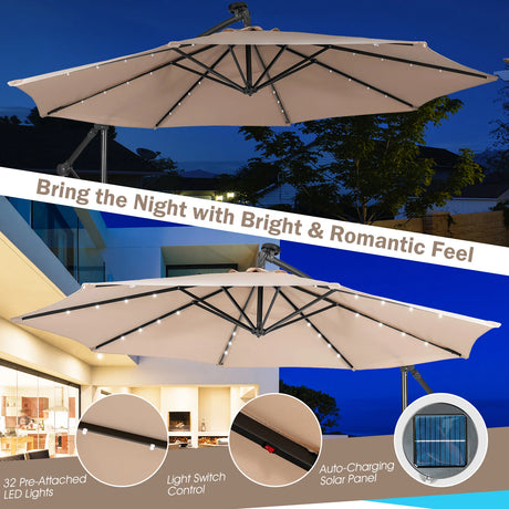 10 Feet Patio Solar Powered Cantilever Umbrella with Tilting System-Beige