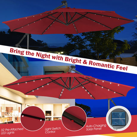 10 Feet Patio Solar Powered Cantilever Umbrella with Tilting System-Wine