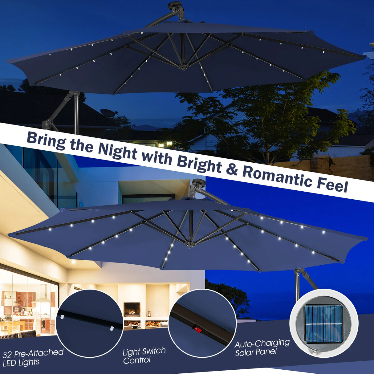 10 Feet Patio Solar Powered Cantilever Umbrella with Tilting System-Navy
