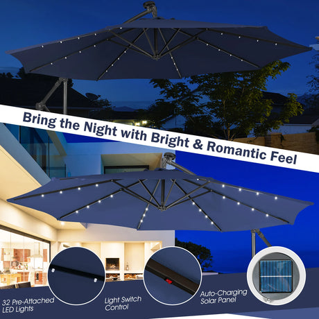 10 Feet Patio Solar Powered Cantilever Umbrella with Tilting System-Navy