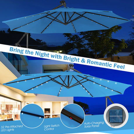 10 Feet Patio Solar Powered Cantilever Umbrella with Tilting System-Blue
