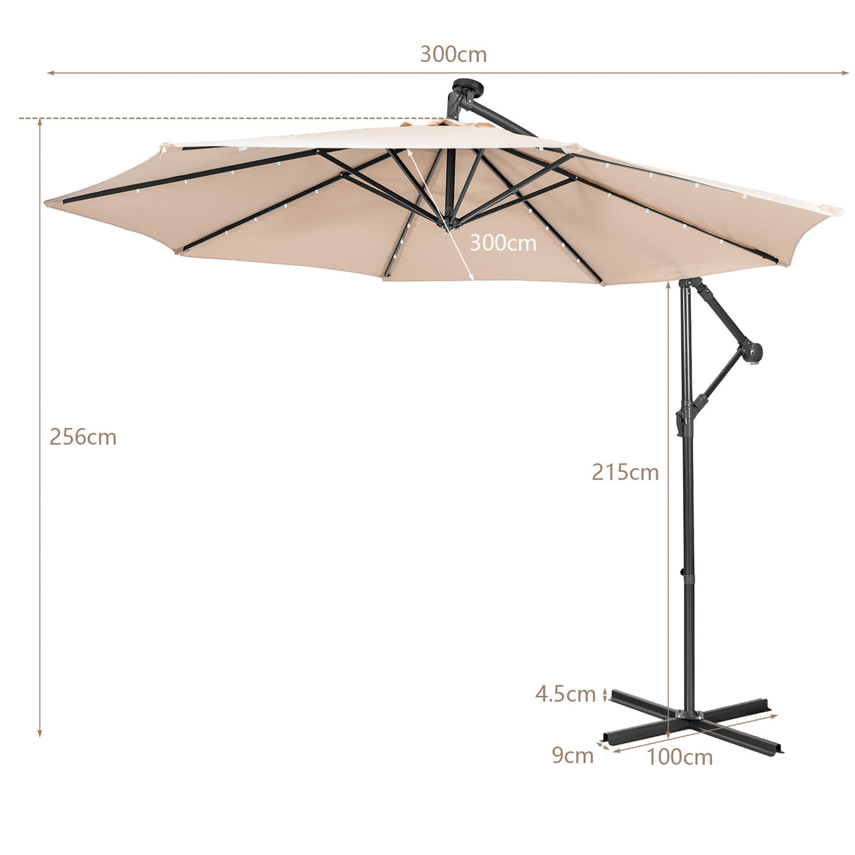 10 Feet Patio Solar Powered Cantilever Umbrella with Tilting System-Beige