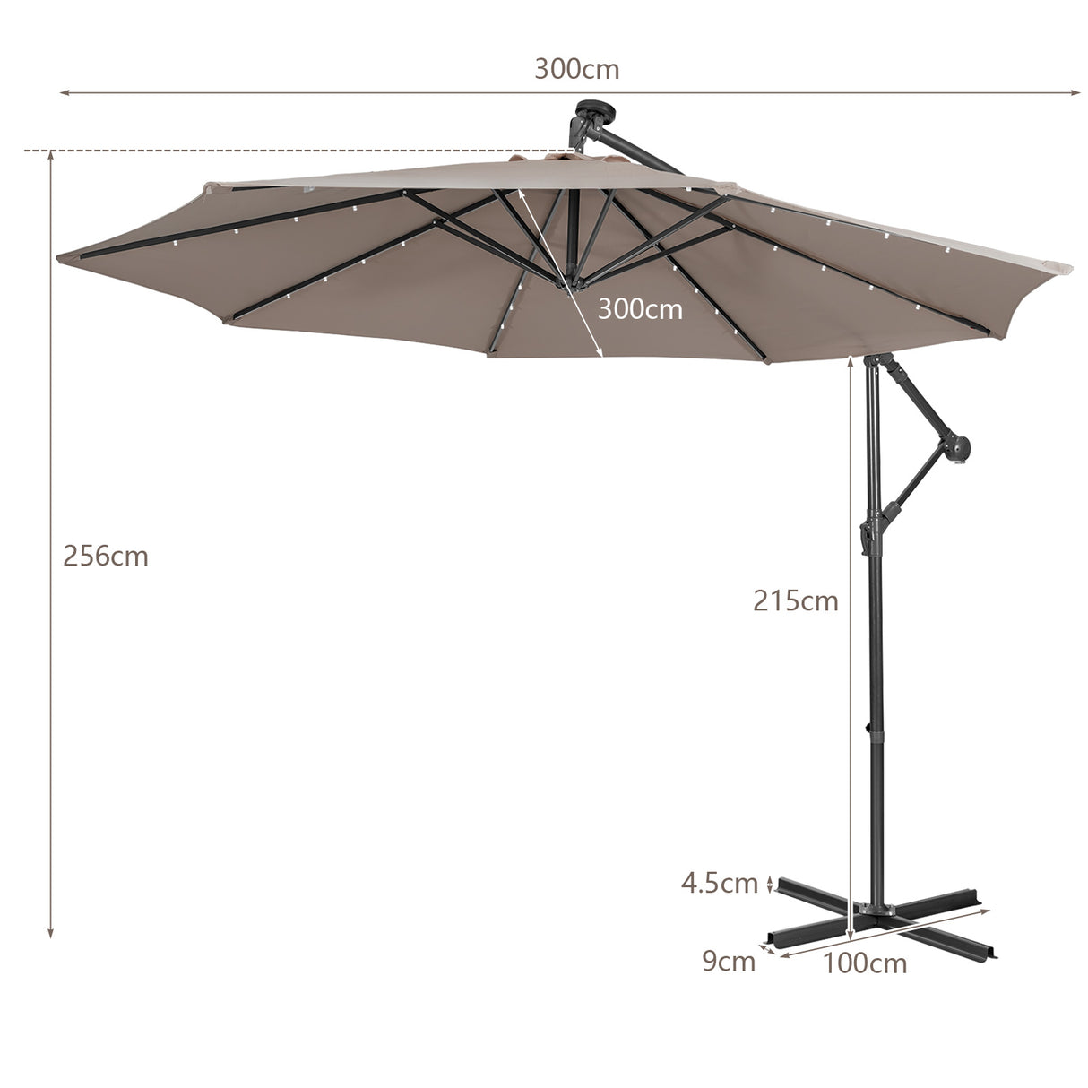 10 Feet Patio Solar Powered Cantilever Umbrella with Tilting System-Coffee