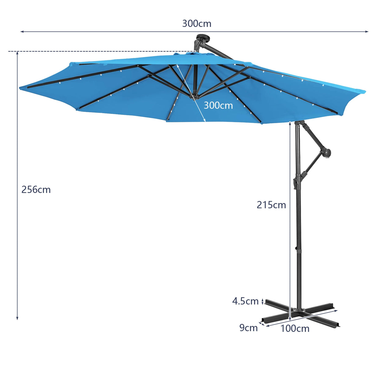 10 Feet Patio Solar Powered Cantilever Umbrella with Tilting System-Blue
