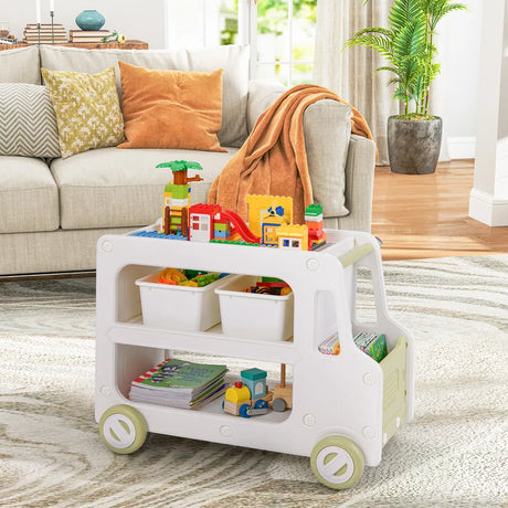 2 in 1 Car Shaped Toy Cabinet with Safe HDPE Frame and 2 Storage Baskets-White