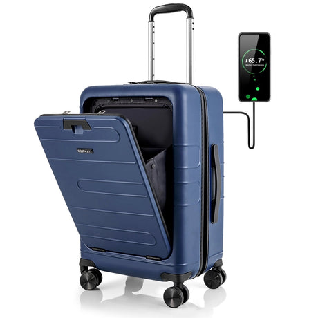 20 Inch Carry-on Luggage PC Hardside Suitcase TSA Lock with Front Pocket and USB Port-Navy