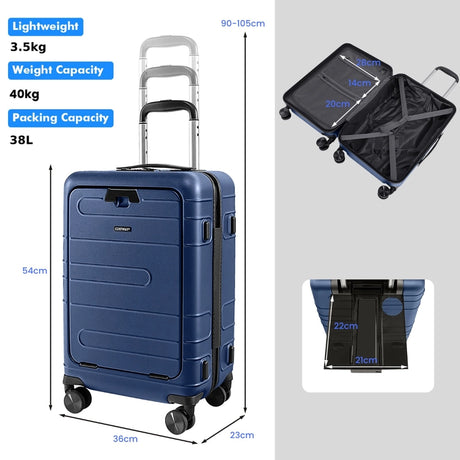 20 Inch Carry-on Luggage PC Hardside Suitcase TSA Lock with Front Pocket and USB Port-Navy