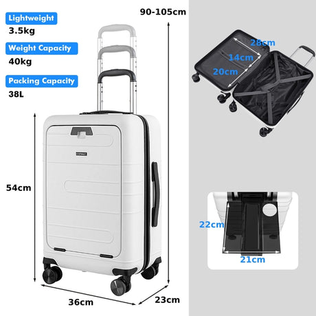 20 Inch Carry-on Luggage PC Hardside Suitcase TSA Lock with Front Pocket and USB Port-White