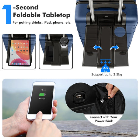 20 Inch Carry-on Luggage PC Hardside Suitcase TSA Lock with Front Pocket and USB Port-Navy