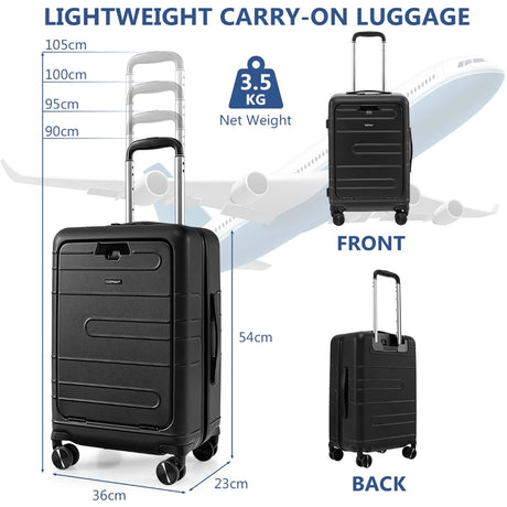 20 Inch Carry-on Luggage PC Hardside Suitcase TSA Lock with Front Pocket and USB Port-Black