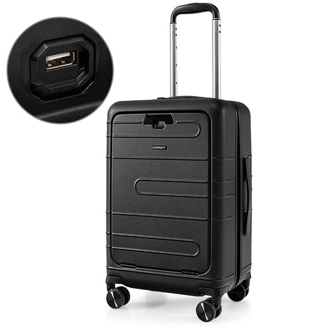 20 Inch Carry-on Luggage PC Hardside Suitcase TSA Lock with Front Pocket and USB Port-Black
