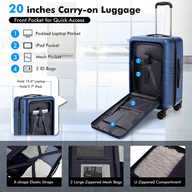 20 Inch Carry-on Luggage PC Hardside Suitcase TSA Lock with Front Pocket and USB Port-Navy