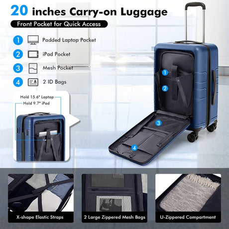 20 Inch Carry-on Luggage PC Hardside Suitcase TSA Lock with Front Pocket and USB Port-Navy