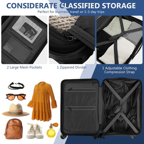 20 Inch Carry-on Luggage PC Hardside Suitcase TSA Lock with Front Pocket and USB Port-Black