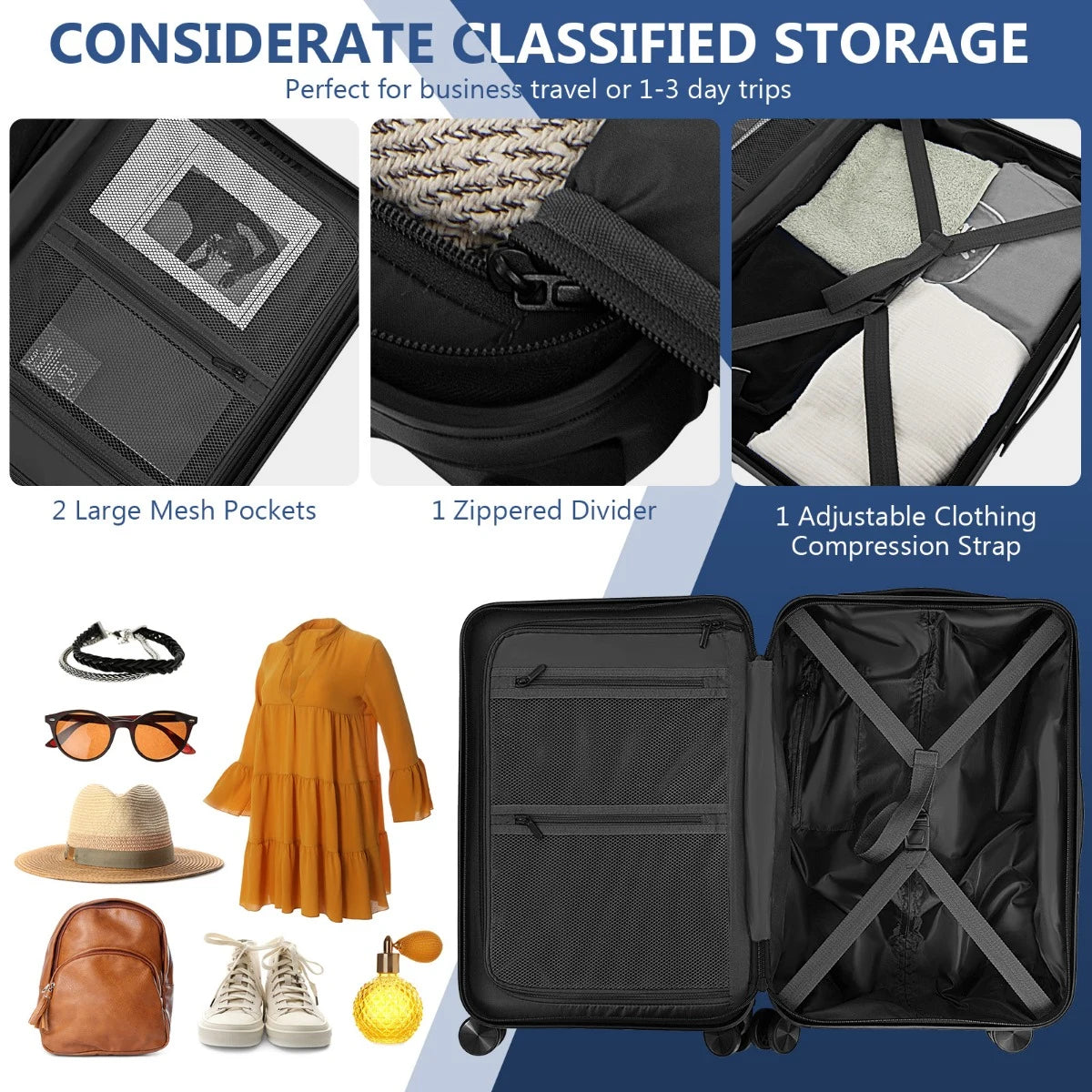 20 Inch Carry-on Luggage PC Hardside Suitcase TSA Lock with Front Pocket and USB Port-Black