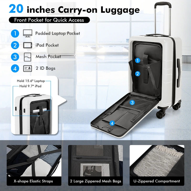 20 Inch Carry-on Luggage PC Hardside Suitcase TSA Lock with Front Pocket and USB Port-White