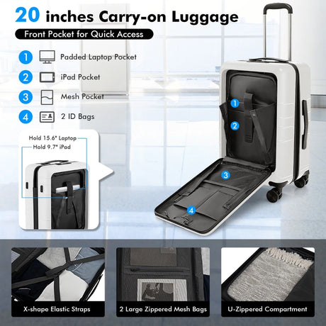 20 Inch Carry-on Luggage PC Hardside Suitcase TSA Lock with Front Pocket and USB Port-White