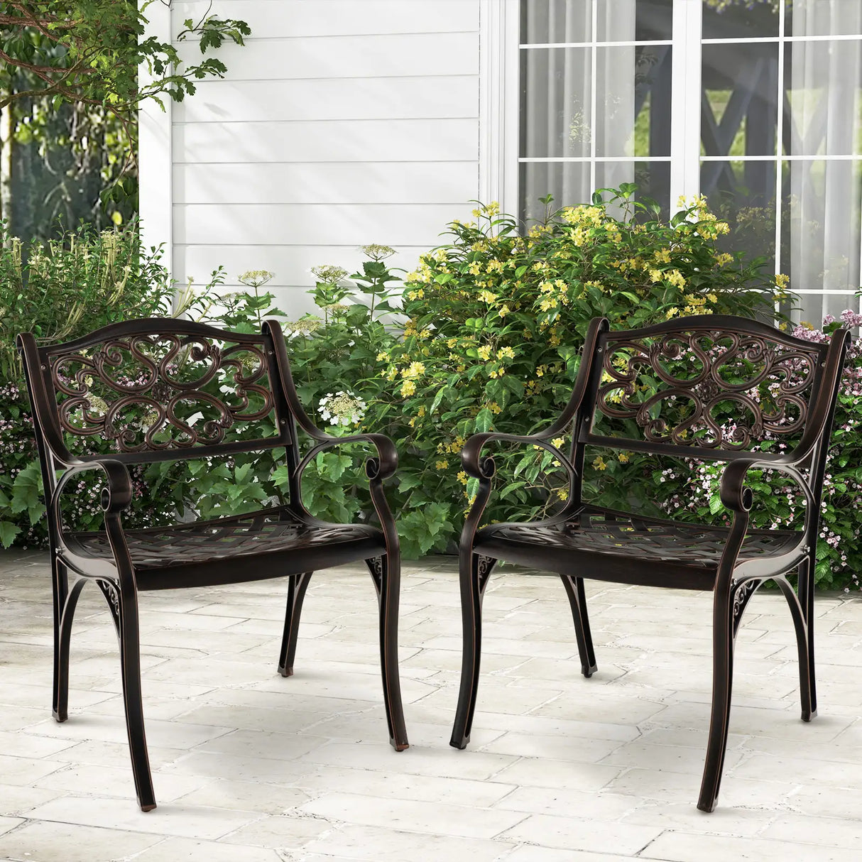 Cast Aluminum Dining Chairs Set of 2 with Patio Chairs Armrests Flower Pattern-Bronze