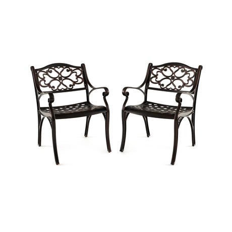 Cast Aluminum Dining Chairs Set of 2 with Patio Chairs Armrests Flower Pattern-Bronze