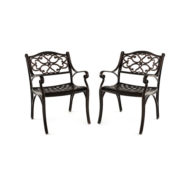 Cast Aluminum Dining Chairs Set of 2 with Patio Chairs Armrests Flower Pattern-Bronze