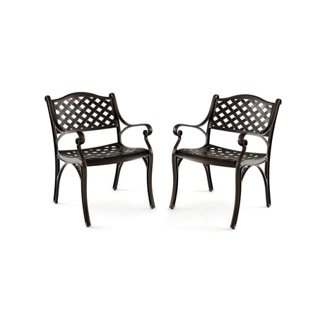 Cast Aluminum Patio Chairs Set of 2 Dining Chairs with Armrests Diamond Pattern-Bronze