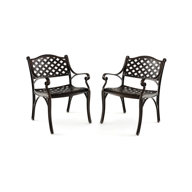 Cast Aluminum Patio Chairs Set of 2 Dining Chairs with Armrests Diamond Pattern-Bronze
