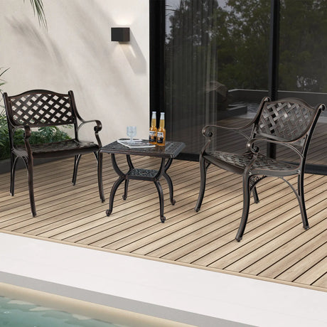 Cast Aluminum Patio Chairs Set of 2 Dining Chairs with Armrests Diamond Pattern-Bronze