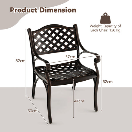 Cast Aluminum Patio Chairs Set of 2 Dining Chairs with Armrests Diamond Pattern-Bronze