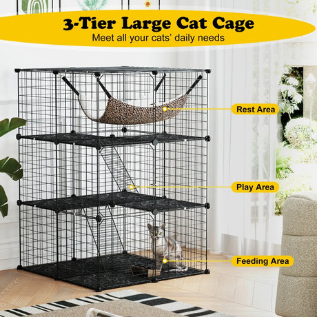 3-Tier Cat Enclosure Large Cat Cage with Comfy Hammock-Black