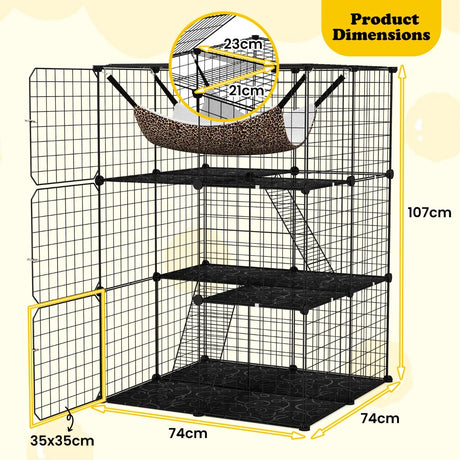 3-Tier Cat Enclosure Large Cat Cage with Comfy Hammock-Black