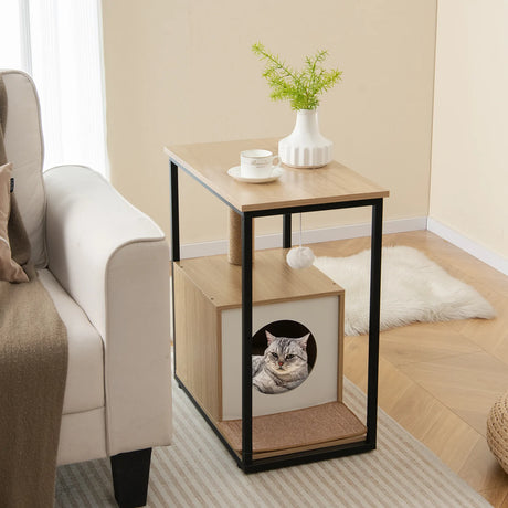 3 in 1 Cat House &amp; Scratching Post &amp; Side Table Cat Cave with Removable Scratching Mat &amp; Ball Natural