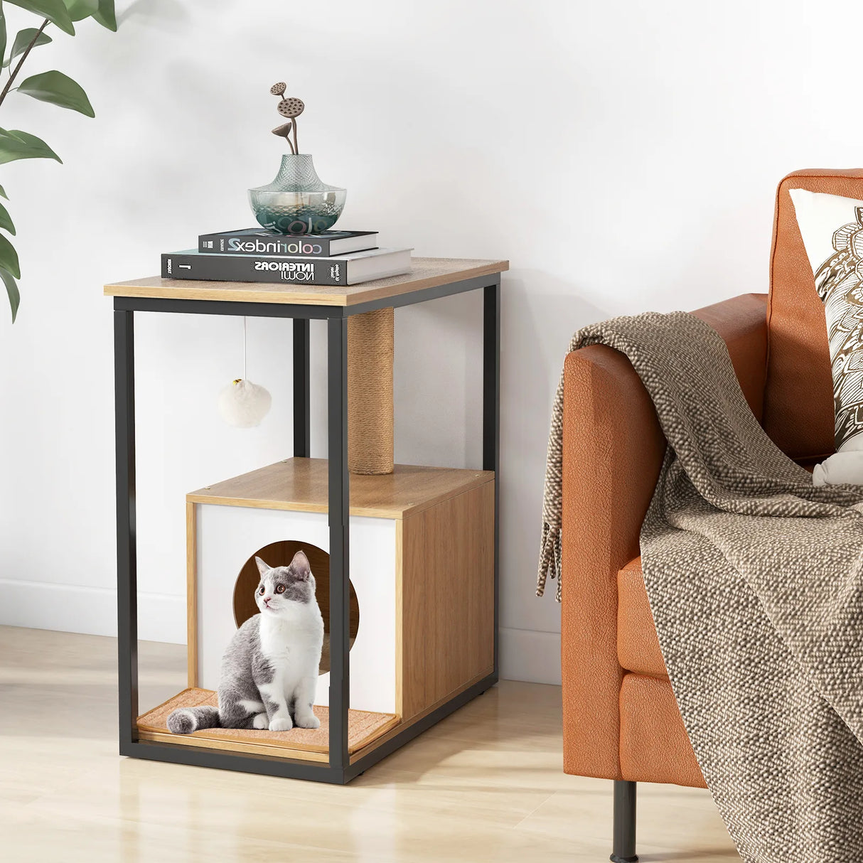 3 in 1 Cat House &amp; Scratching Post &amp; Side Table Cat Cave with Removable Scratching Mat &amp; Ball Natural