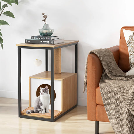 3 in 1 Cat House &amp; Scratching Post &amp; Side Table Cat Cave with Removable Scratching Mat &amp; Ball Natural