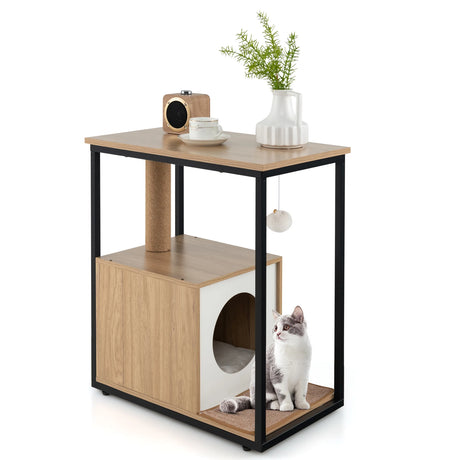 3 in 1 Cat House &amp; Scratching Post &amp; Side Table Cat Cave with Removable Scratching Mat &amp; Ball Natural