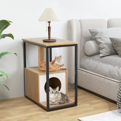 3 in 1 Cat House &amp; Scratching Post &amp; Side Table Cat Cave with Removable Scratching Mat &amp; Ball Natural