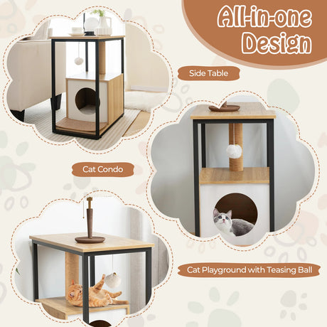 3 in 1 Cat House &amp; Scratching Post &amp; Side Table Cat Cave with Removable Scratching Mat &amp; Ball Natural