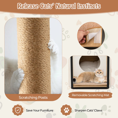 3 in 1 Cat House &amp; Scratching Post &amp; Side Table Cat Cave with Removable Scratching Mat &amp; Ball Natural