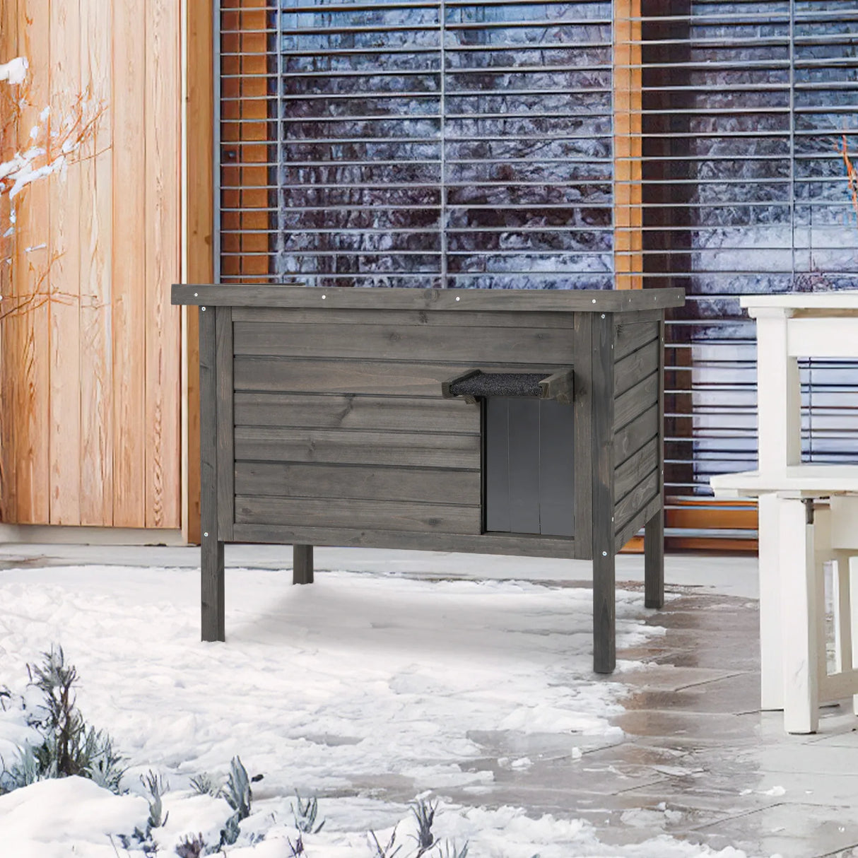 Weatherproof Wooden Feral Cat House with All-Round Foam Insulated for Multiple Cats-Grey
