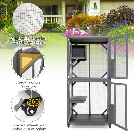 Outdoor Cat House Enclosures on Wheels Kitten Cages with Resting Box-Gray
