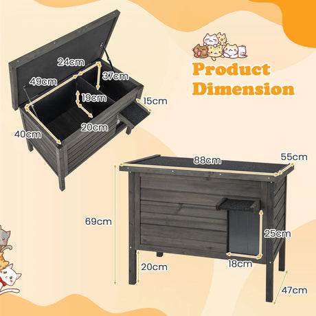 Weatherproof Wooden Feral Cat House with All-Round Foam Insulated for Multiple Cats-Grey