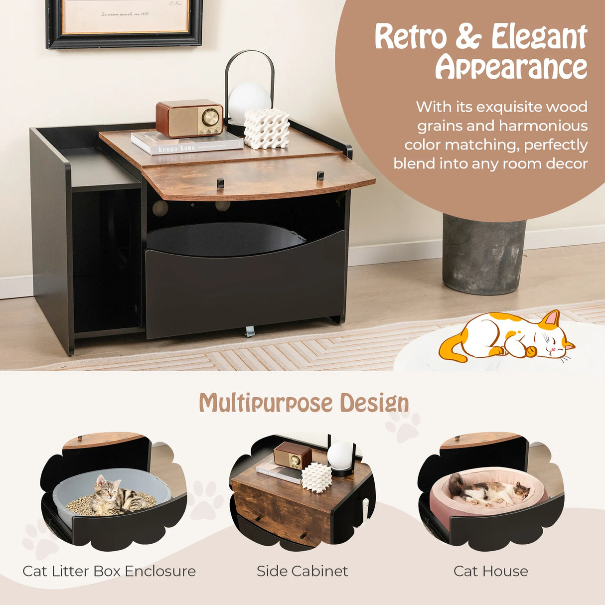 Cat Litter Box Enclosure with Pull-out Drawer-Black