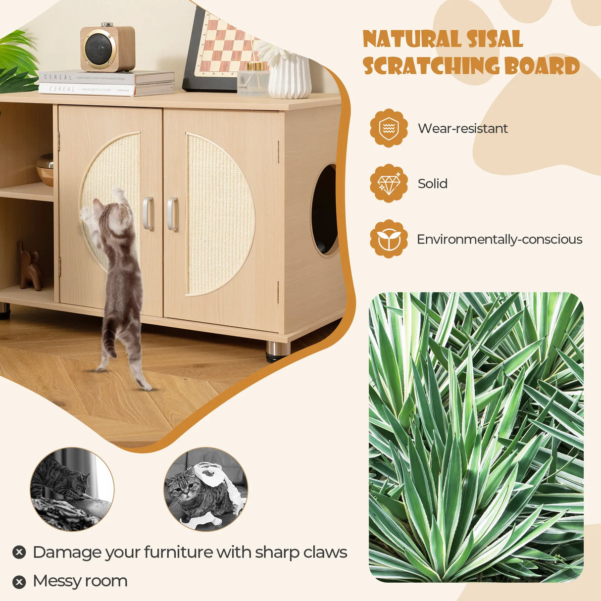 Cat Litter Box Enclosure with Sisal Scratching Doors and Adjustable Metal Feet-Natural