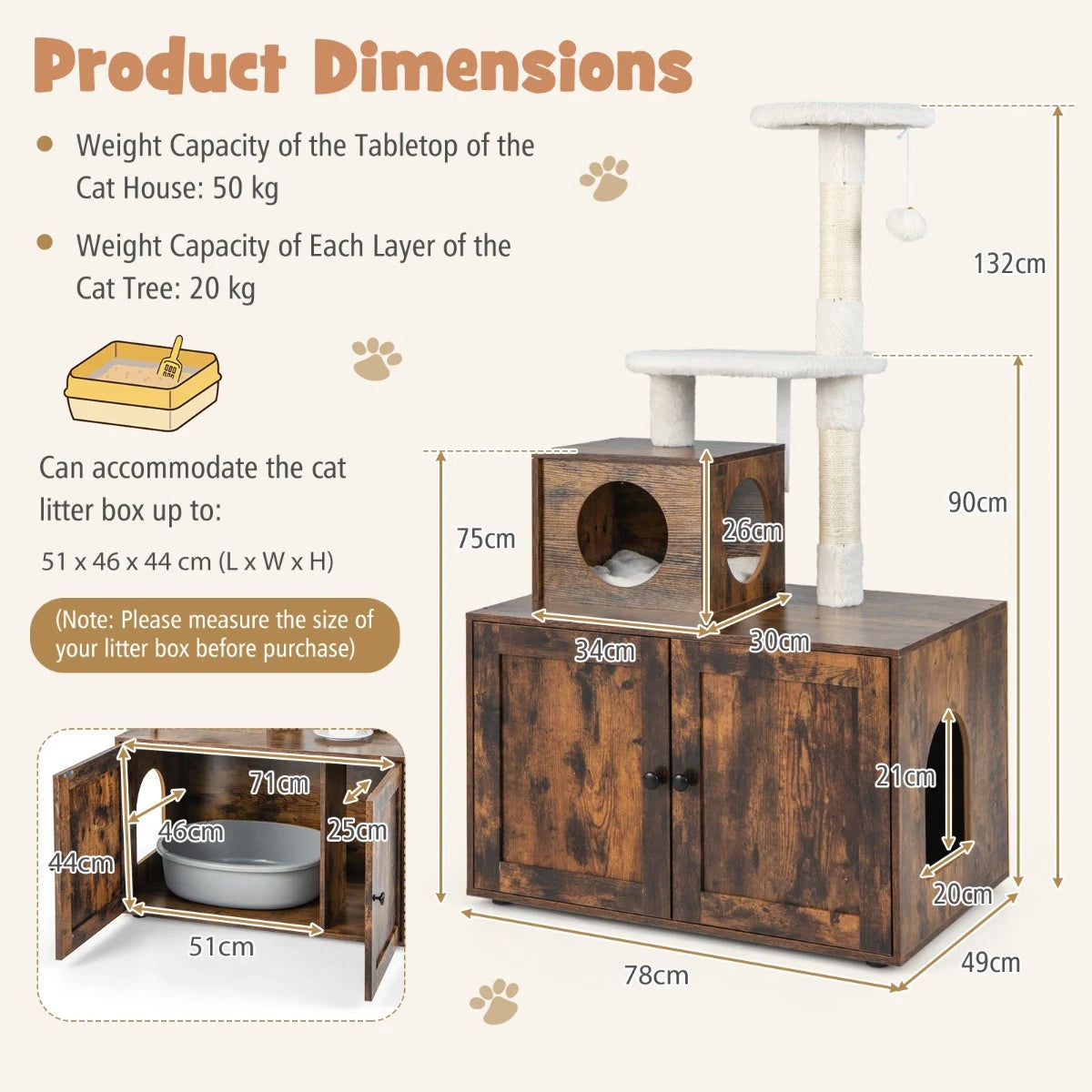 Cat Tree with Litter Box Enclosure with Cat Condo-Rustic Brown