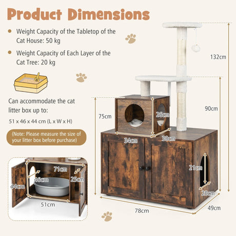 Cat Tree with Litter Box Enclosure with Cat Condo-Rustic Brown
