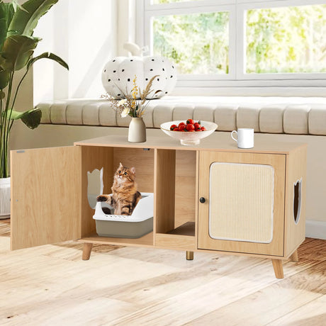 Cat Litter Box Enclosure for 2 Cats with Double Rooms and 2 Sisal Scratching Mats-Natural
