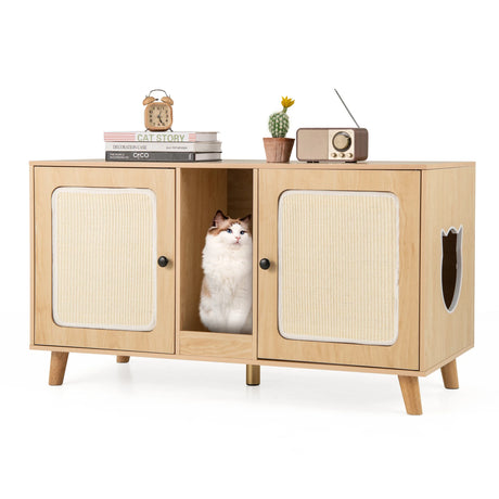 Cat Litter Box Enclosure for 2 Cats with Double Rooms and 2 Sisal Scratching Mats-Natural
